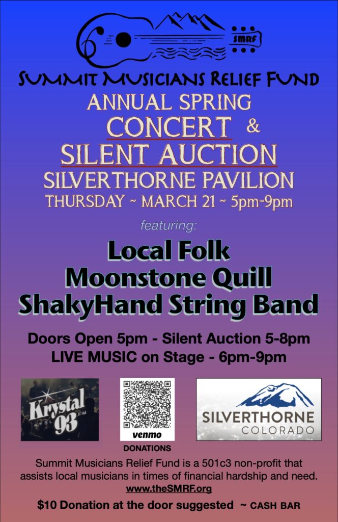 Spring 2024 Spring Concert & Silent Auction for the SMRF with Local Folk, Moonstone Quill, and Shaky Hand String Band