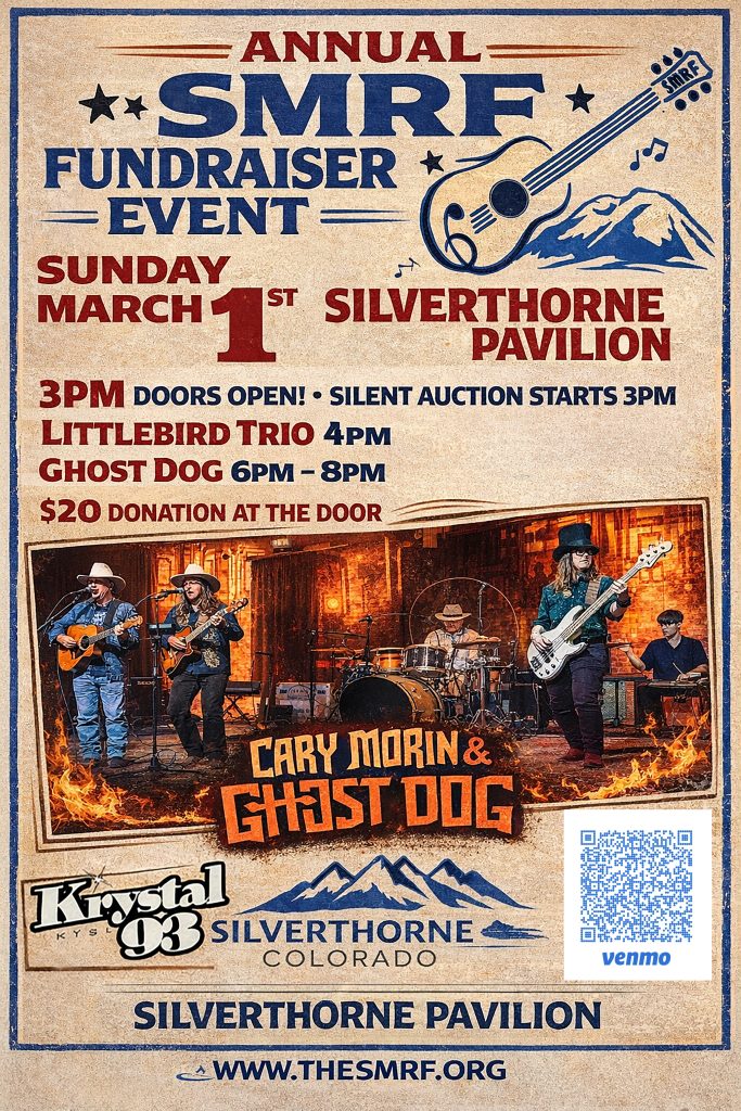Poster for SMRF Spring 2026 fundraiser at the Silverthorne Colorado pavilion on March 1